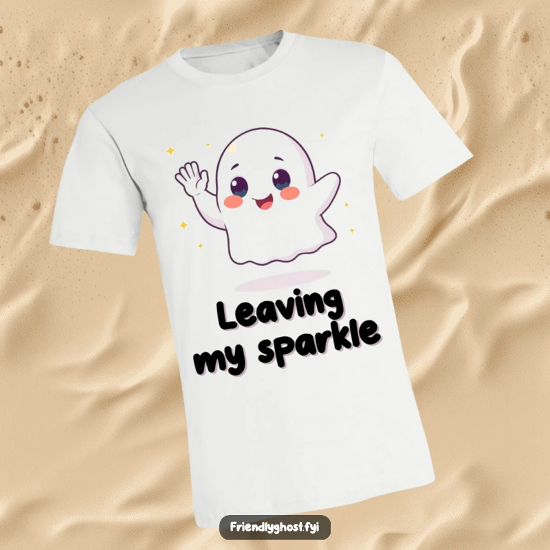 Funny ghost t-shirt featuring a waving character leaving a beautiful, shimmering trail of sparkling dust, adding magic.