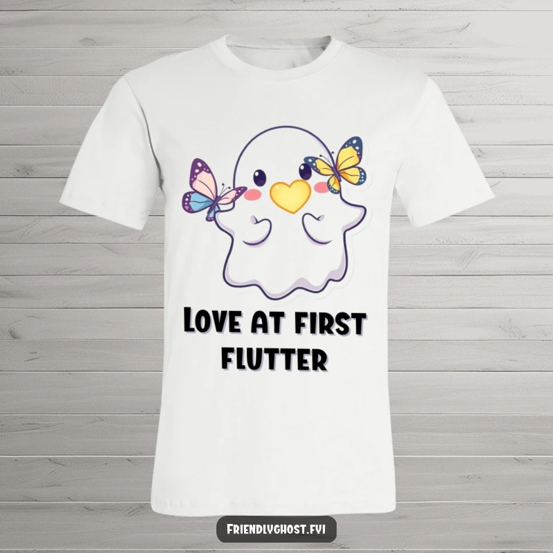 Funny friendly ghost t-shirt showing a kind character offering a glowing heart to a butterfly.