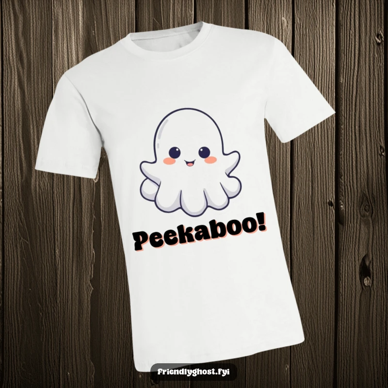 Funny t-shirt with a mischievous little ghost peeking from behind a cloud, embodying playful spectral hide-and-seek fun.