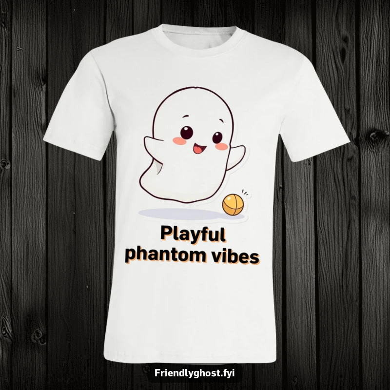 Funny t-shirt showcasing a small, grinning ghost character energetically bouncing a tiny ball, embodying playful spectral mischief.