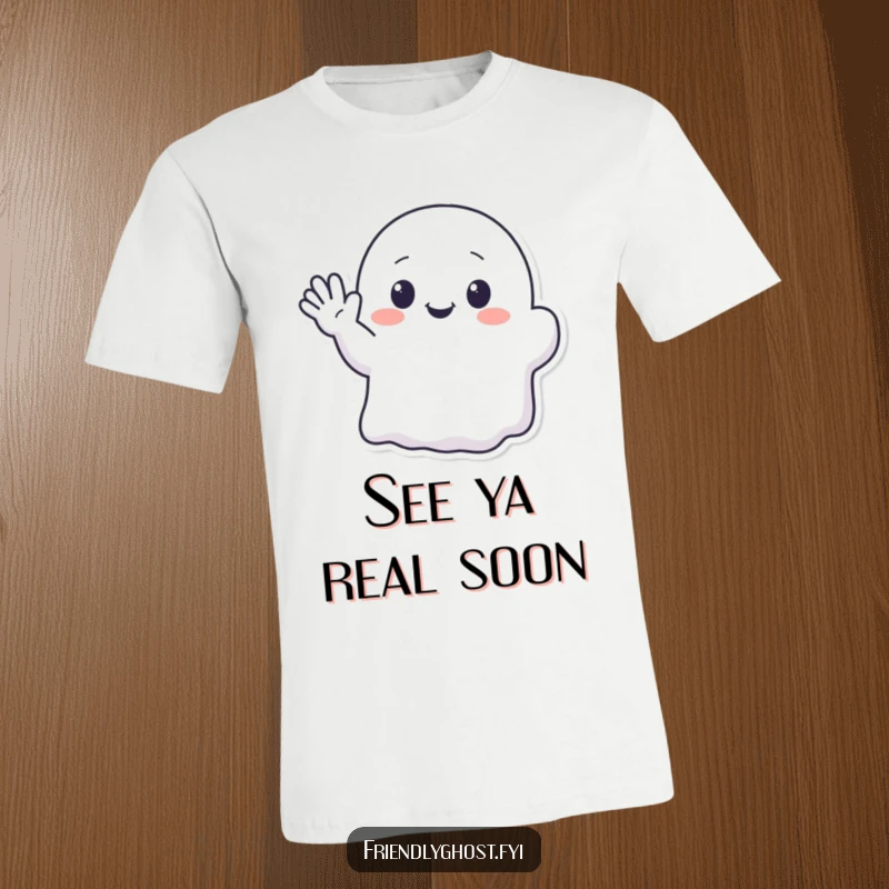 Funny t-shirt showcasing a kawaii ghost character enthusiastically waving with a charming, translucent hand.
