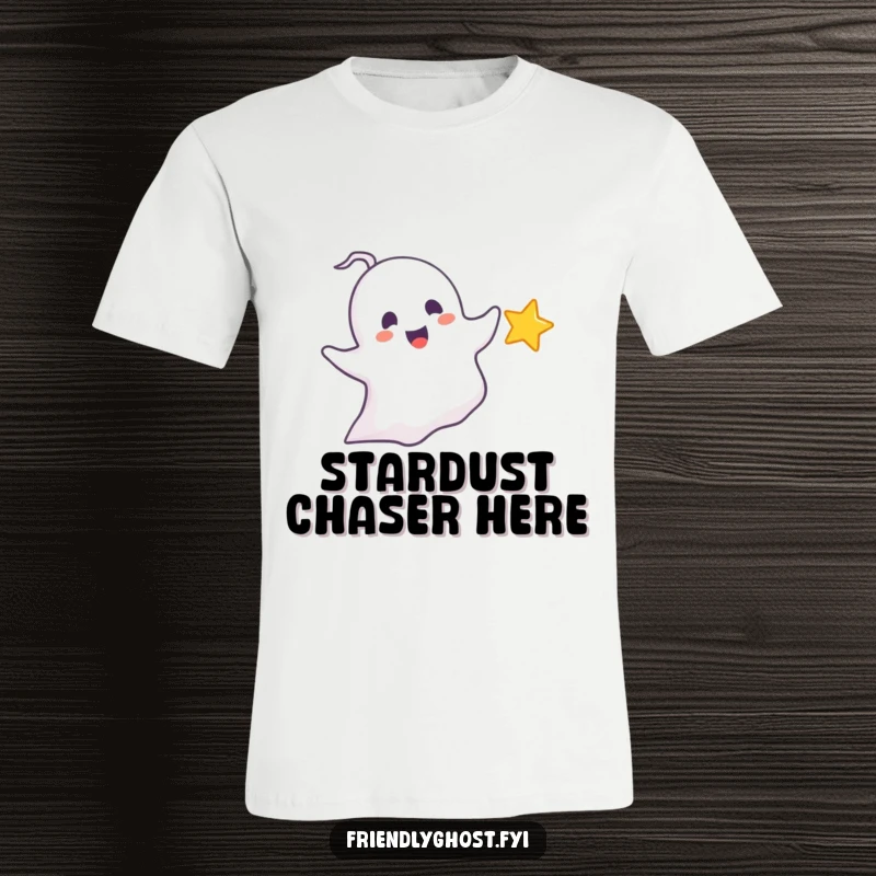 Funny chasing ghost t-shirt showing a delighted ghost playfully pursuing a tiny, sparkling star, perfect for whimsical style and funny gifts.