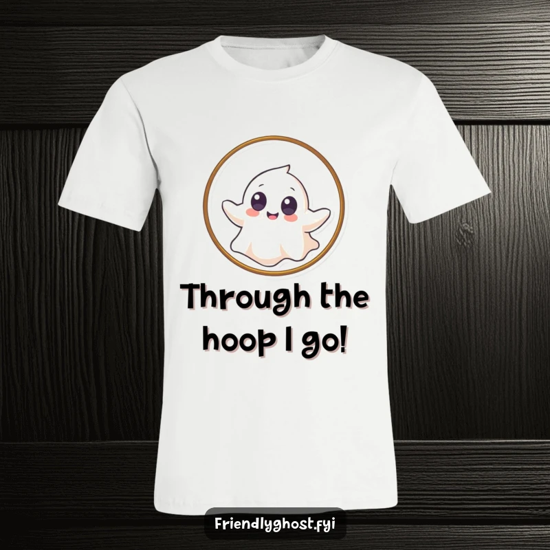 Funny t-shirt depicting a giggling ghost with big eyes gently floating through a hoop, showcasing playful movement.