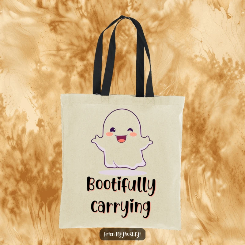 Funny tote bag with a friendly ghost character playfully booing with a wide, gleeful, happy grin.