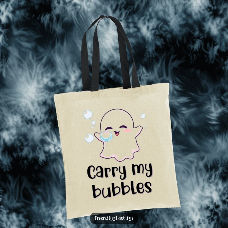 Funny tote bag with a friendly ghost adorably blowing bubbles, ideal for carrying essentials with a dose of cheer.