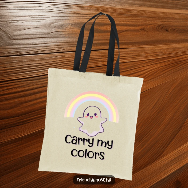 Funny tote bag with a happy ghost floating through a shimmering rainbow, ideal for carrying items with a touch of enchantment.