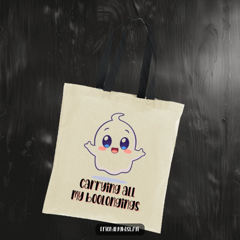 Funny surprised ghost character with wide, happy eyes mid-jump on a tote bag, ideal for carrying groceries with a touch of humor.