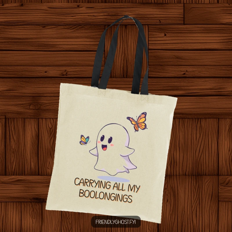 Funny ghost tote bag featuring a playful ghost enthusiastically chasing a delicate butterfly, perfect for carrying essentials with style.