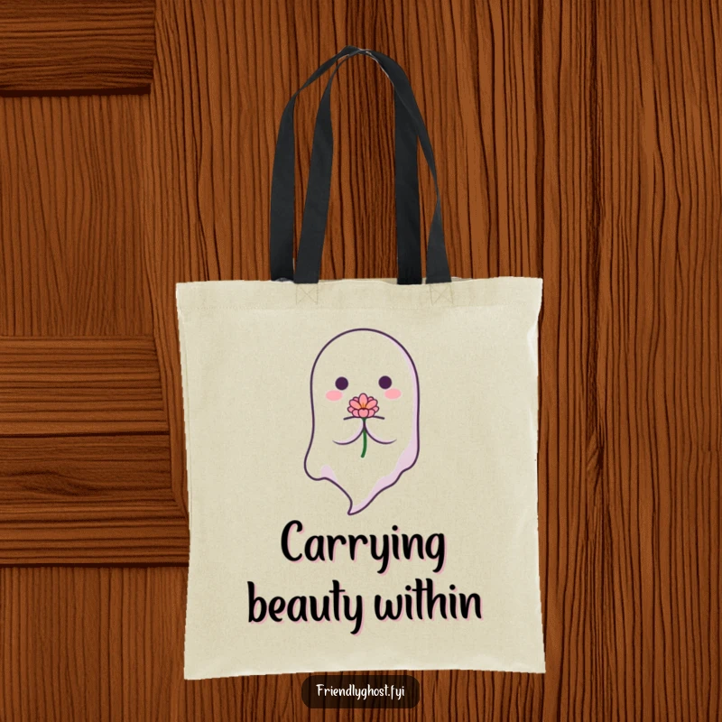 Funny Floating Ghost Tote Bag: A peaceful ghost descends with a flower, embodying serenity. Ideal for a funny gift for eco-conscious shoppers.