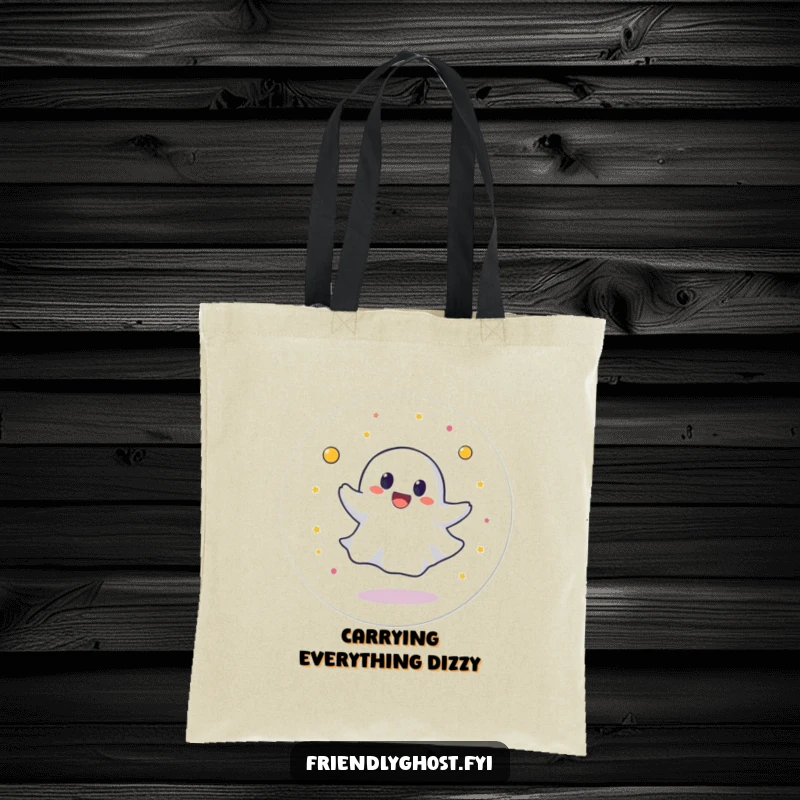Funny tote bag design of a round ghost character spinning in a circle with joyful abandon, a delightful and energetic sight.