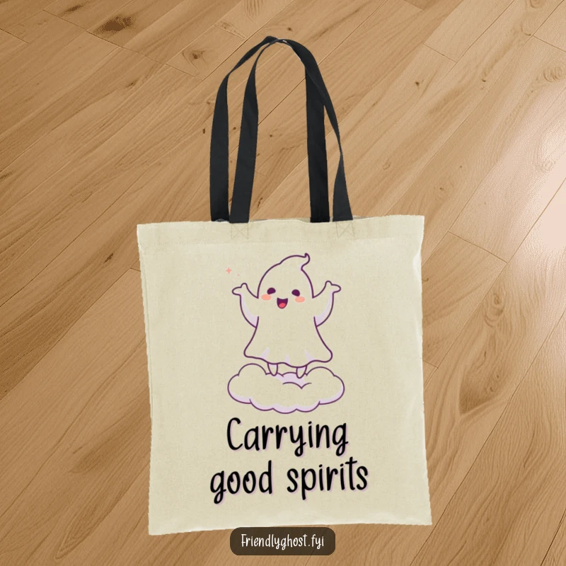 Funny tote bag with a ghost joyfully doing a jig on a cloud, symbolizing lighthearted fun and spooky cheerfulness.