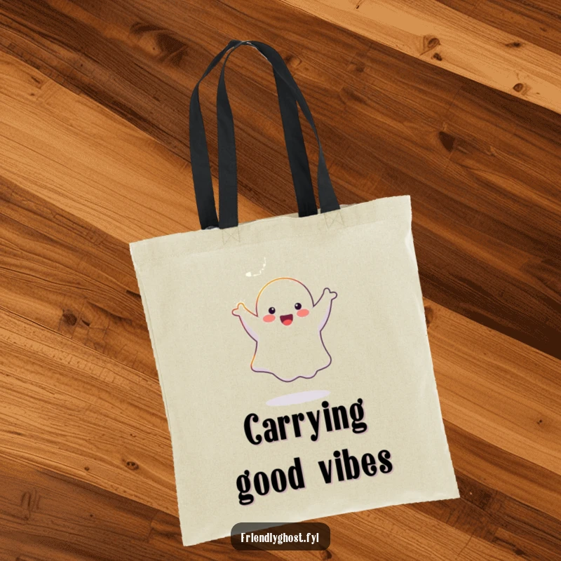 Funny happy ghost doing a cartwheel in a sunbeam, on a durable and humorous tote bag.