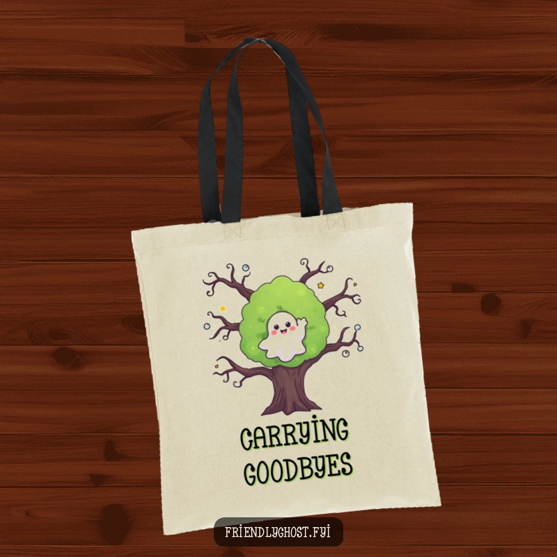 Funny ghost tote bag showing a friendly ghost waving from a spooky tree, perfect for everyday use with a twist.