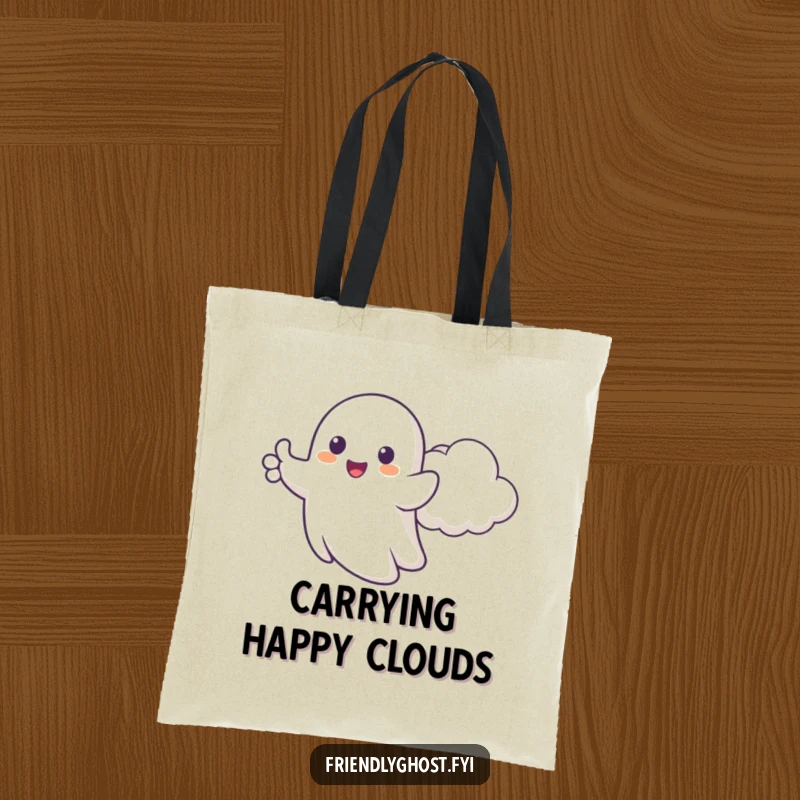 Funny tote bag with a happy ghost giving cartoonish thumbs up beside a cheerful cloud, ideal for carrying items with optimism.