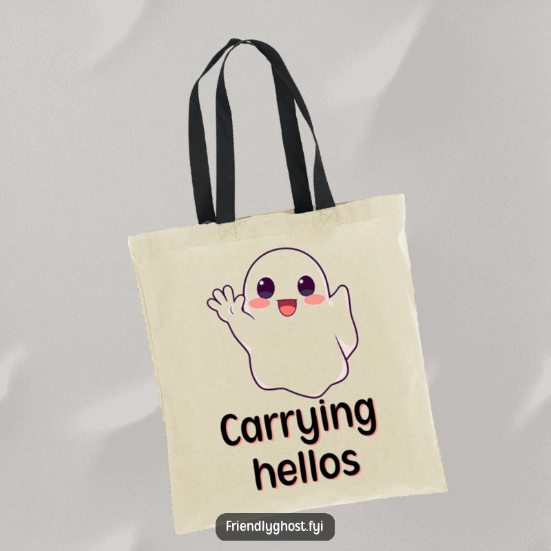 Funny tote bag featuring a cute ghost enthusiastically waving its spectral hand, perfect for carrying spectral essentials with a smile.