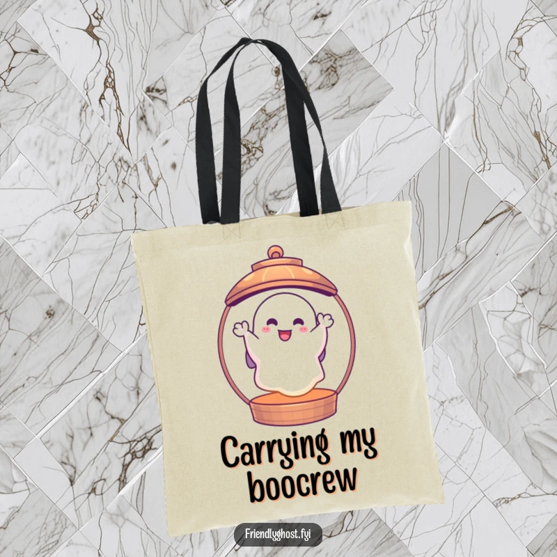 Funny ghost lantern tote bag featuring a cheerful ghost waving from inside a bright, glowing lantern, perfect for carrying fun and essentials.