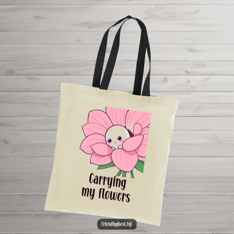 Funny shy ghost tote bag featuring a cute, shy character peeking from behind a large, colorful flower.