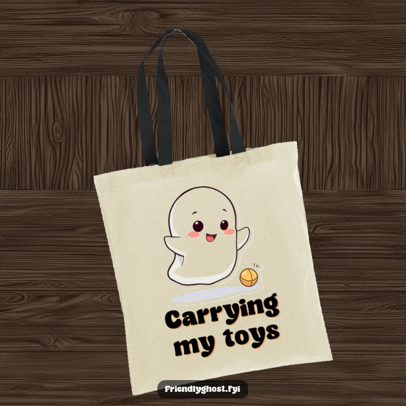 Funny tote bag featuring a small ghost character playfully bouncing a tiny ball, radiating mischievous spectral energy.