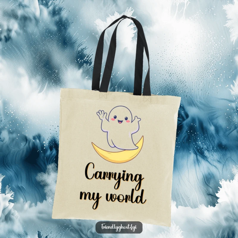 Funny tote bag depicting a cheerful ghost waving from a crescent moon, a practical and humorous accessory for everyday use.