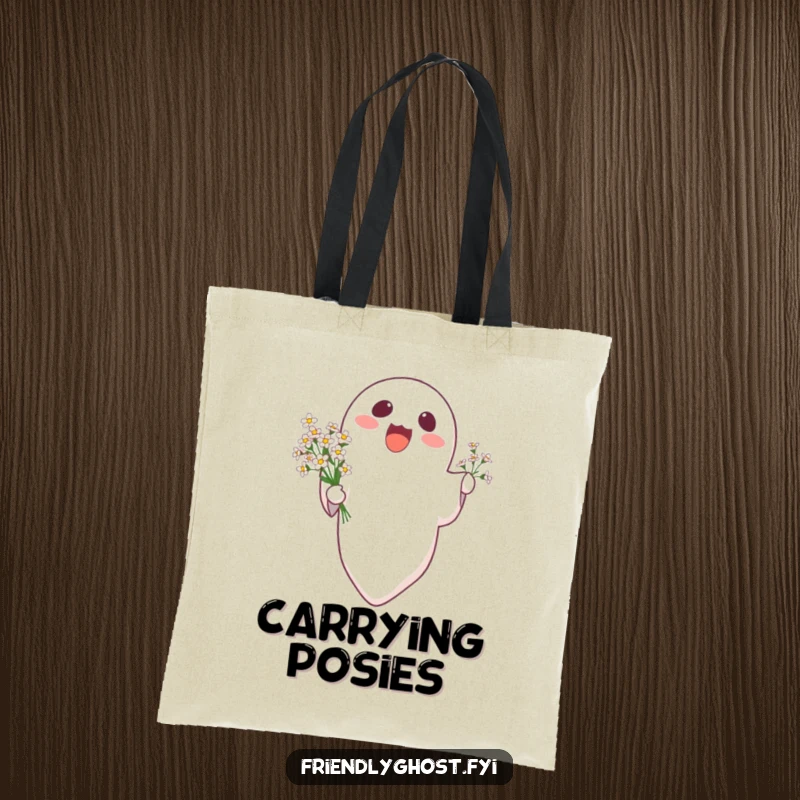 Funny delighted ghost floating upwards holding a bouquet of tiny flowers, on a durable and humorous tote bag.