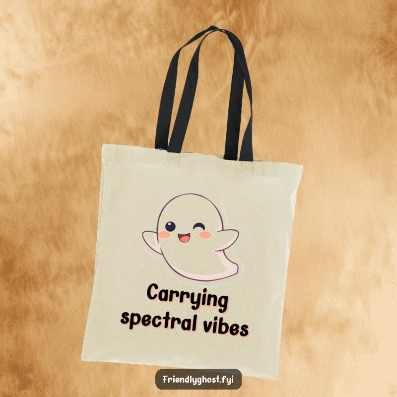 Funny tote bag showcasing a little ghost character joyfully zipping through the air with a playful grin, perfect for carrying fun.
