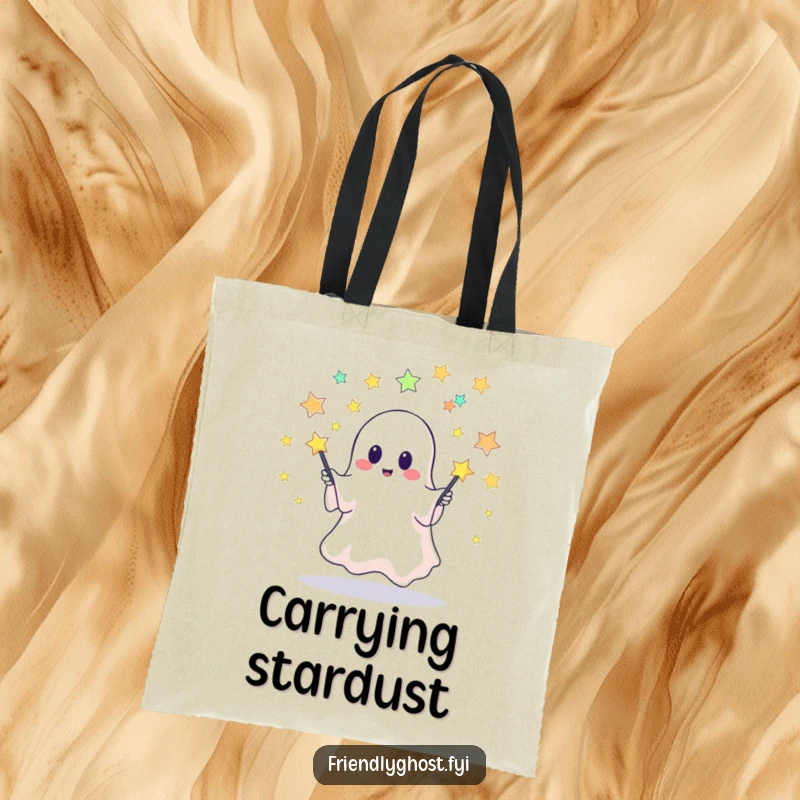 Funny tote bag featuring a cute ghost juggling star pins, perfect for carrying essentials with a sprinkle of celestial, spooky fun.