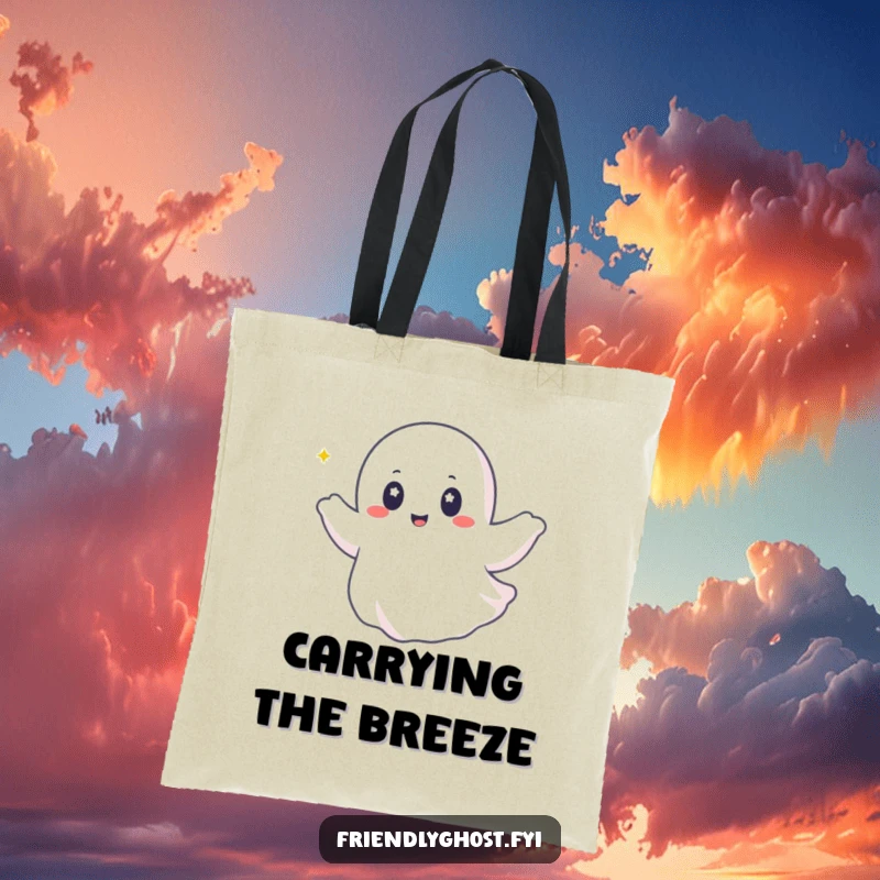Funny ghost tote bag featuring a happy ghost with twinkling eyes, riding a gentle breeze, perfect for carrying essentials.