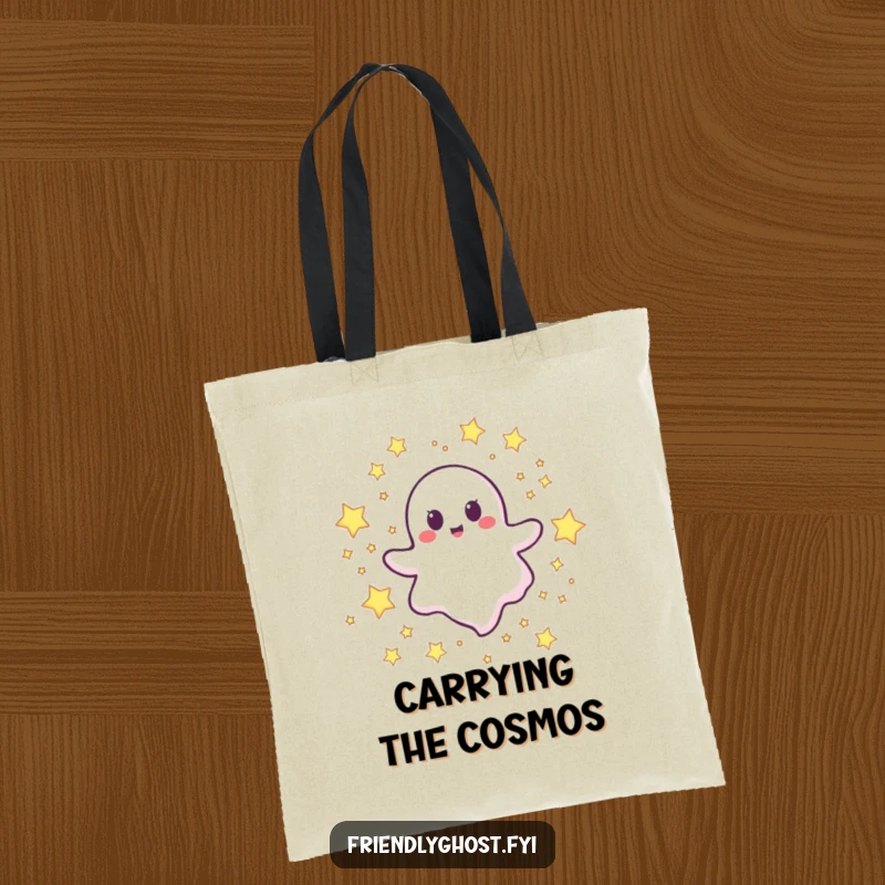 Funny happy ghost tote bag featuring a cheerful character floating happily through a field of stars.