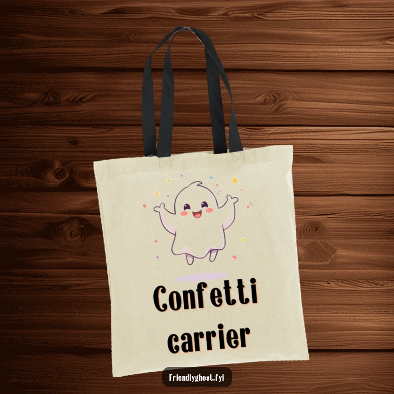 Funny tote bag displaying a smiling ghost in a celebratory jump surrounded by falling confetti, perfect for spectral party needs.