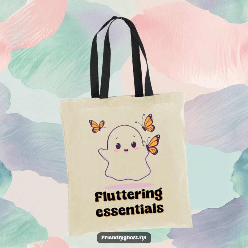 Funny tote bag depicting a ghost with wide eyes surprised by a butterfly on its head, a humorous and practical accessory.