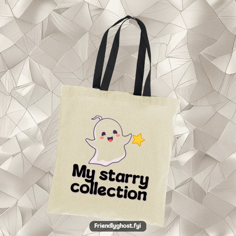 Funny chasing ghost tote bag featuring a delighted ghost playfully pursuing a tiny, sparkling star, perfect for carrying dreams and essentials.