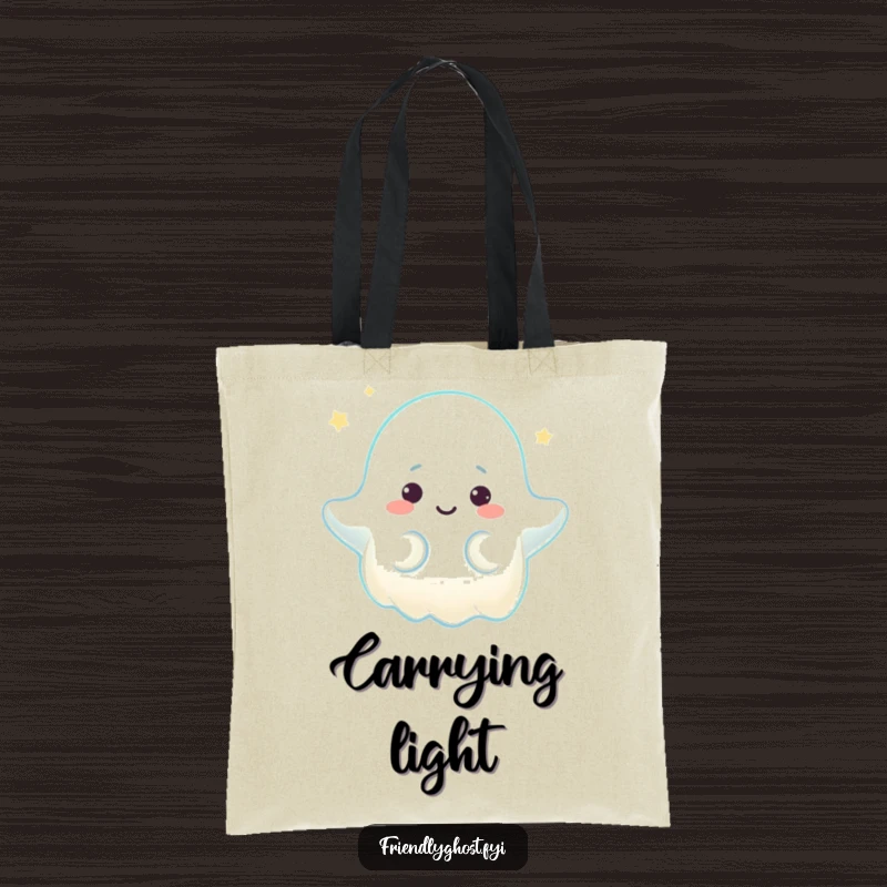 Funny tote bag design of a ghost character radiating a warm, comforting glow with a gentle expression, perfect for daily use.