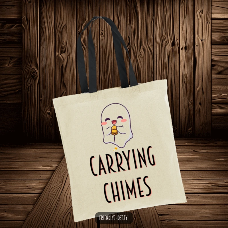 Funny Ghost Bell Ringer Tote Bag: Delighted spirit ringing a small bell, ideal for humorous errands and gifts.