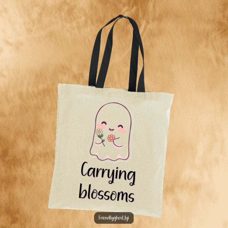 Funny ghost blush tote bag featuring a happy character blushing pink and holding a tiny flower, a durable and humorous carry-all gift.