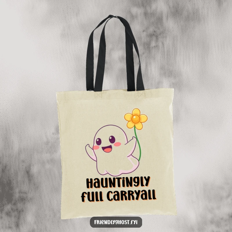 Funny tote bag depicting a jovial ghost with a big smile booping a floating flower, ideal for stylish, humorous errands.