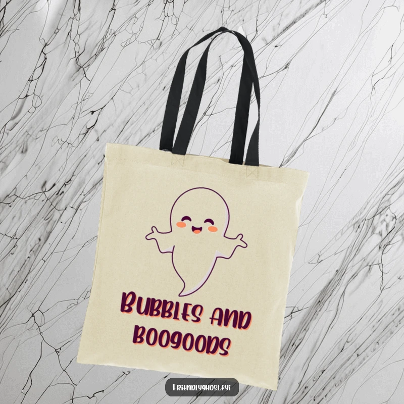 Funny ghost tote bag with a smiling ghost embracing a floating bubble, great for carrying essentials with a touch of humor.