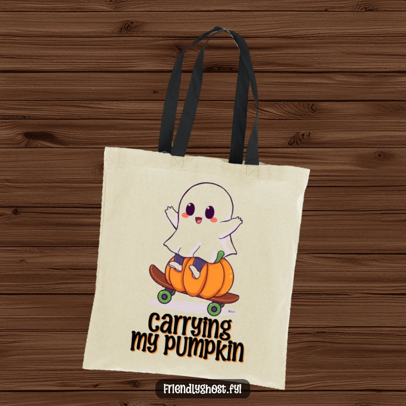 Funny ghost tote bag showing a ghost riding a pumpkin skateboard, perfect for carrying essentials with a spooky flair.