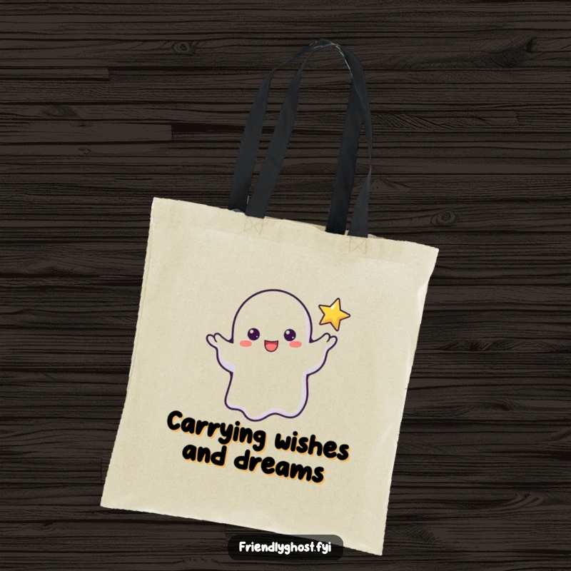 Funny tote bag design of a friendly ghost reaching a wispy hand towards a tiny, shimmering star, a symbol of hope.