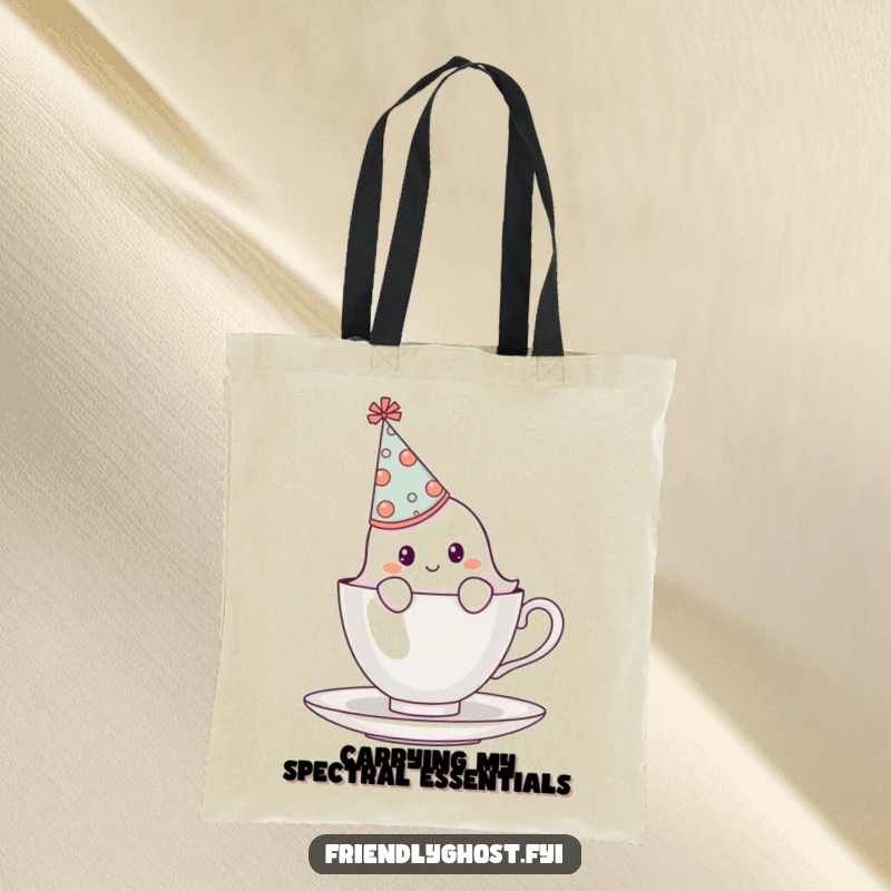 Funny shy ghost wearing an oversized party hat, peeking from behind a teacup, a charming and humorous tote bag.