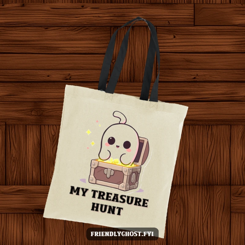 Funny curious ghost peeking into a sparkling treasure chest, on a durable and humorous tote bag.