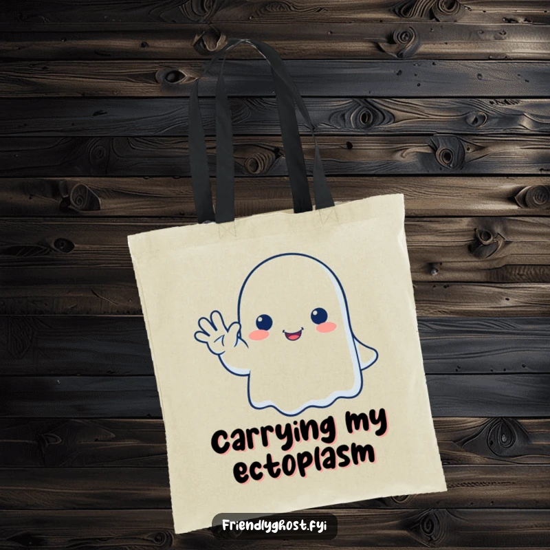 Funny ghost tote bag with a happy ghost giving a gentle, friendly wave goodbye, perfect for carrying essentials humorously.