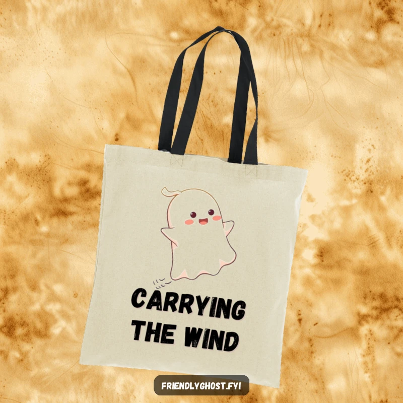 Funny Ghost Wind Rider Tote Bag: A happy ghost gleefully rides a gust of wind, making errands more fun with its comic charm.