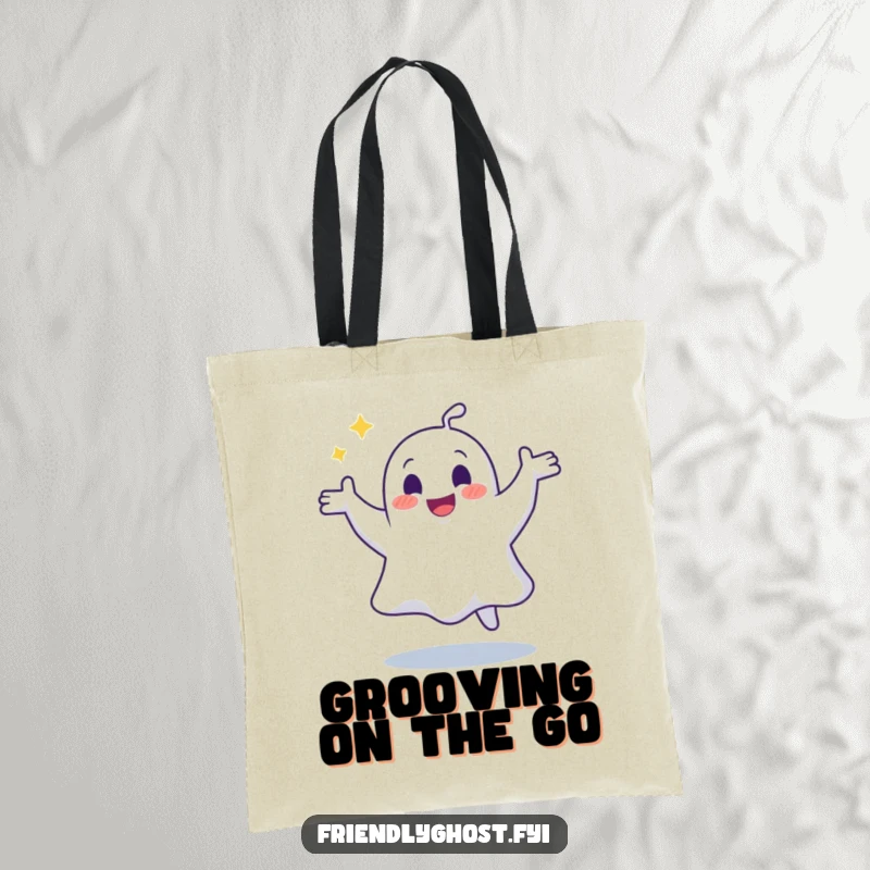 Funny tote bag with a joyful ghost doing a silly, wobbly dance, perfect for carrying spectral dance gear with flair.