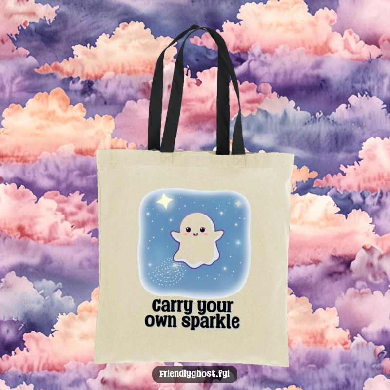 Funny tote bag design of a smiling ghost leaving a sparkling path through the night sky, a whimsical and beautiful accessory.