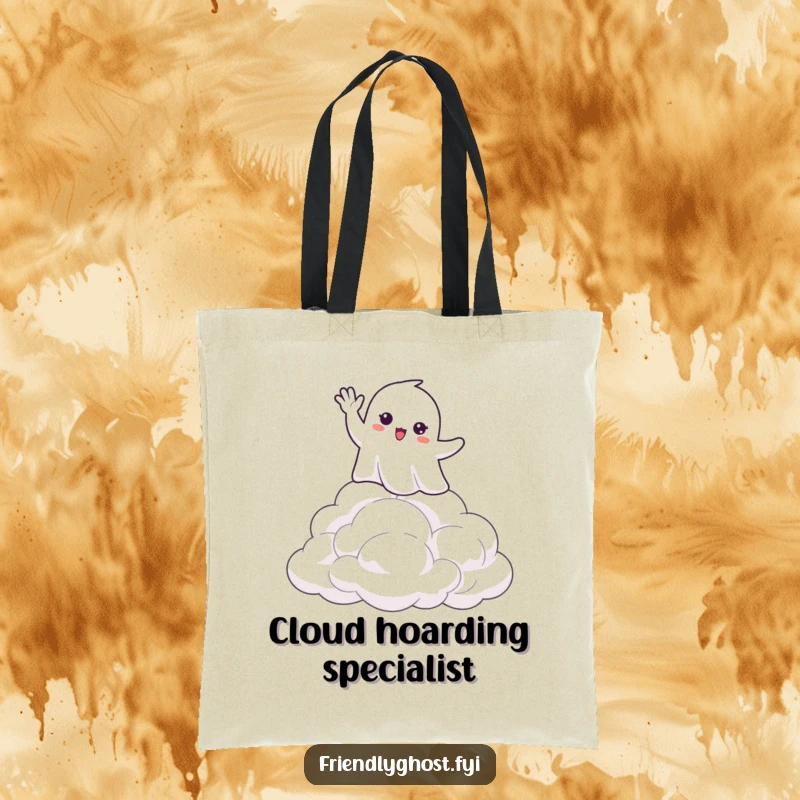 Funny tote bag design of a ghost happily waving hello from its position on a fluffy cloud formation, a welcoming and cute sight.