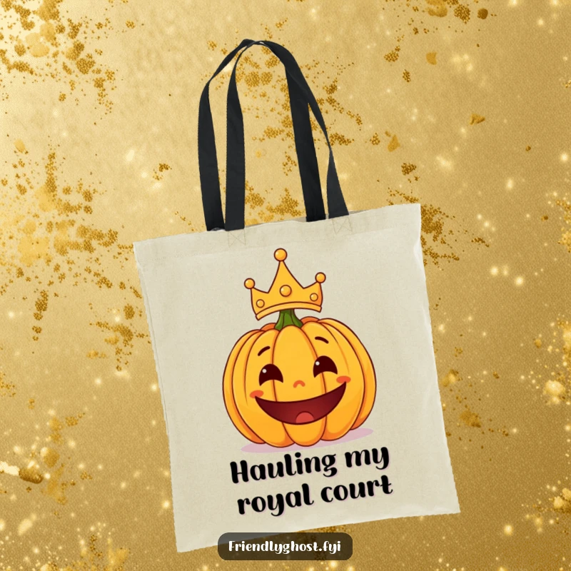 Funny surprised pumpkin with a playful grin and a lopsided crown, a humorous and practical Halloween tote bag.