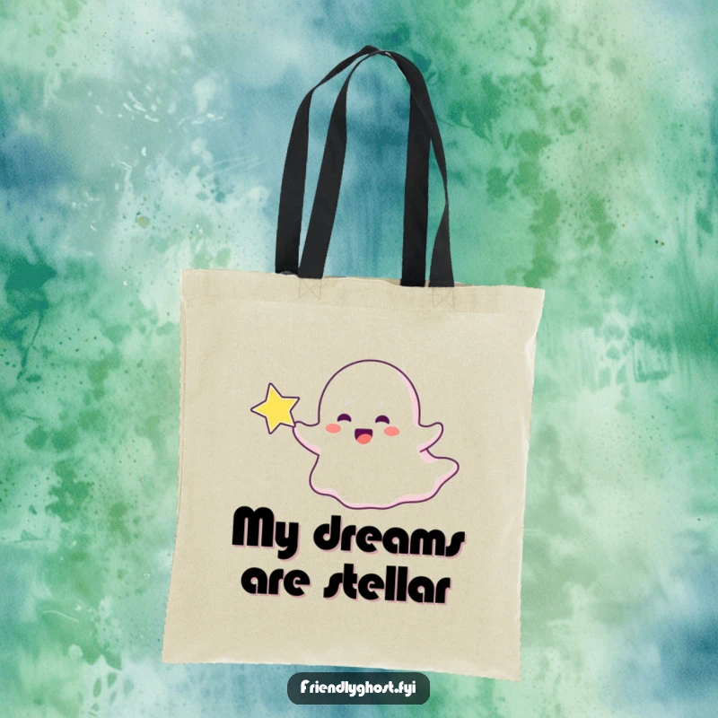 Funny ghost tote bag with a ghost character playfully chasing a sparkling star, a magical accessory.