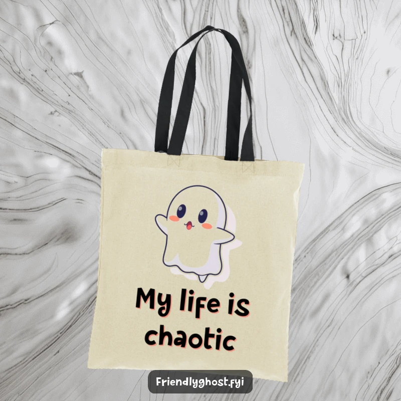Funny ghost tote bag featuring a ghost character looking surprised, failing to float through a wall.