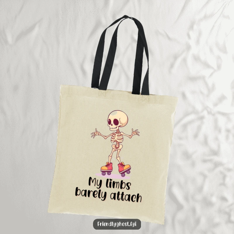 Funny clumsy skeleton limb wearing tiny roller skates, wobbling precariously, a humorous and durable tote bag.