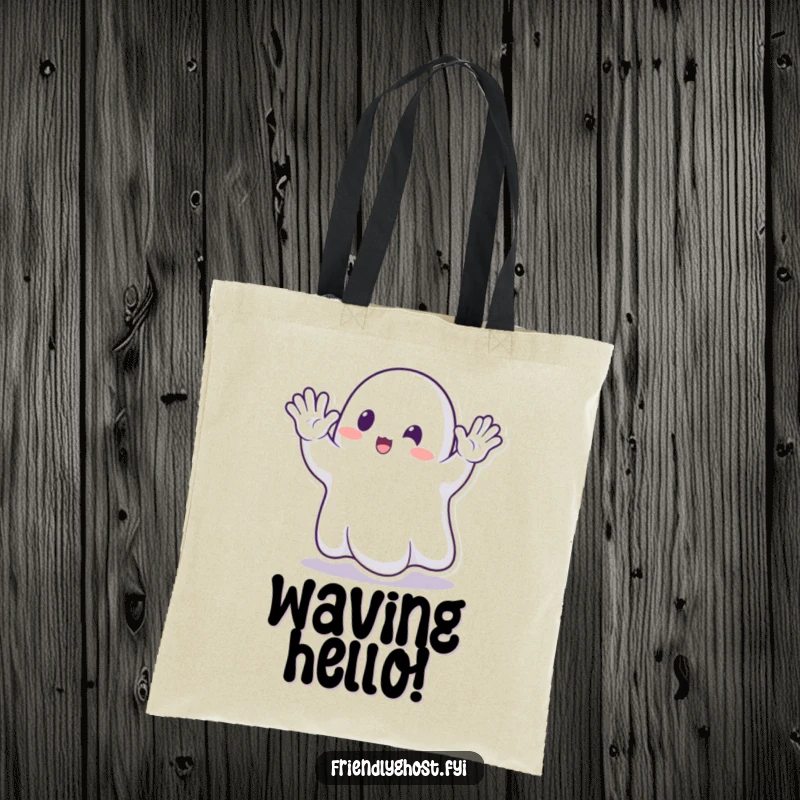 Funny Ghost Waving Tote Bag: Spacious bag featuring a transparent ghost waving enthusiastically, perfect for carrying essentials with humor.